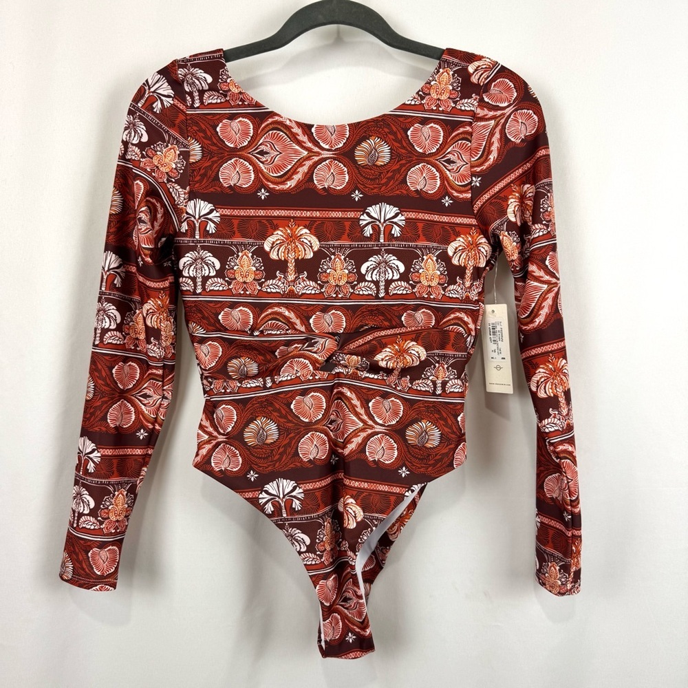 NWT Phax Sz M One Piece Printed Swimsuit Front Twist Stretch Long Sleeve Orange